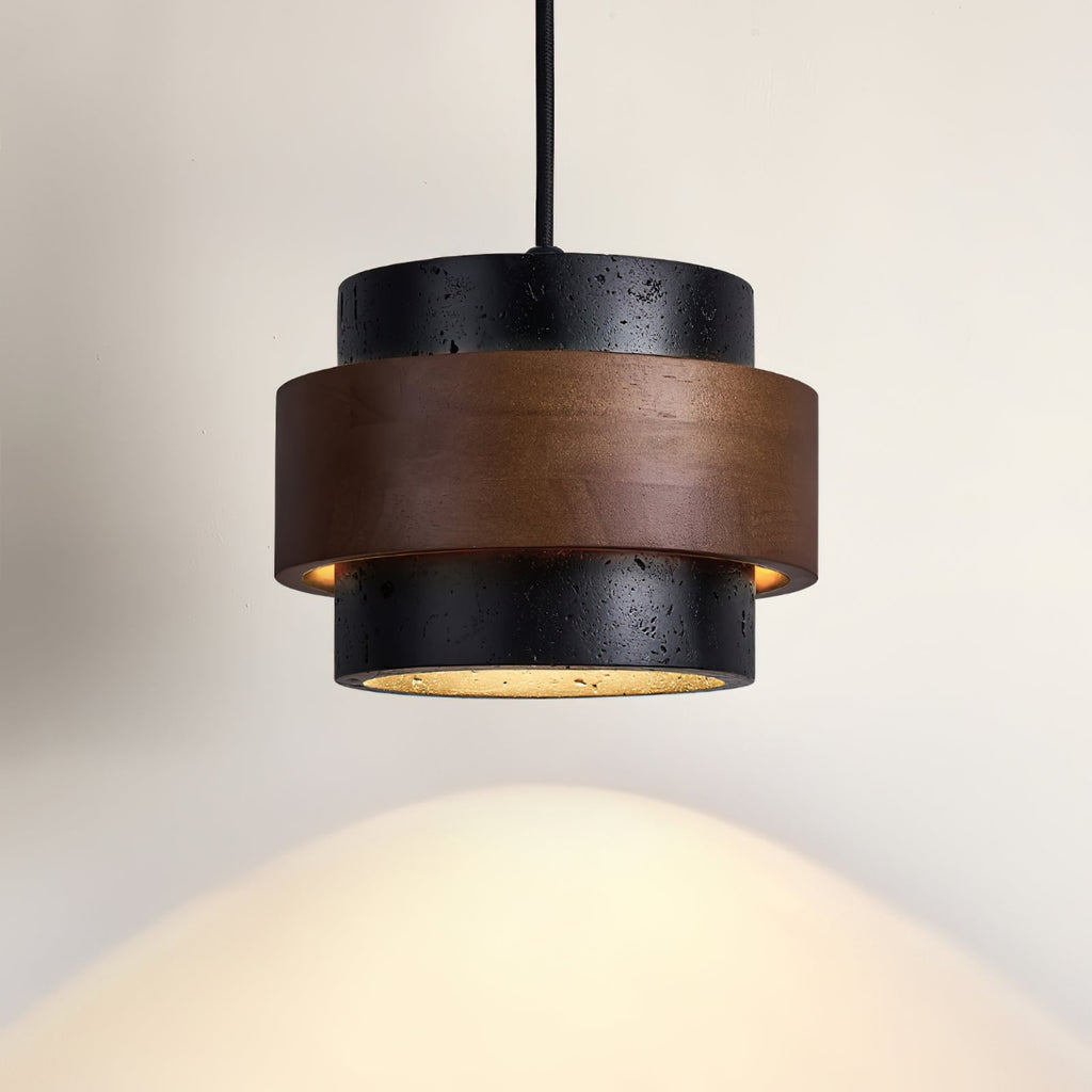 Contemporary Travertine and Solid Wood Pendant Light With Tri-Color Light for Dining Room — Greenwich Home & Living
