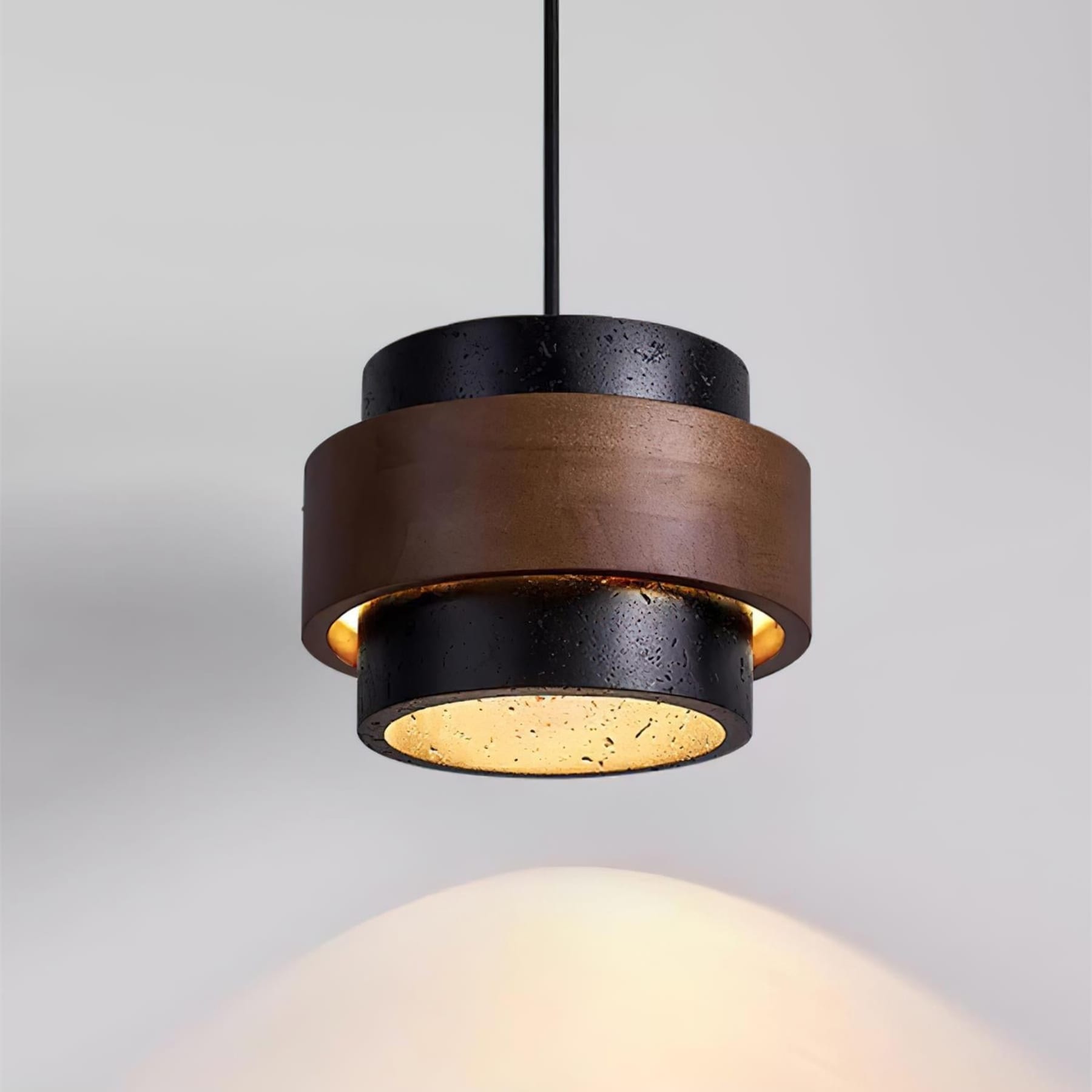 Contemporary Travertine and Solid Wood Pendant Light With Tri-Color Light for Dining Room in Dark Brown Black — Greenwich Home & Living
