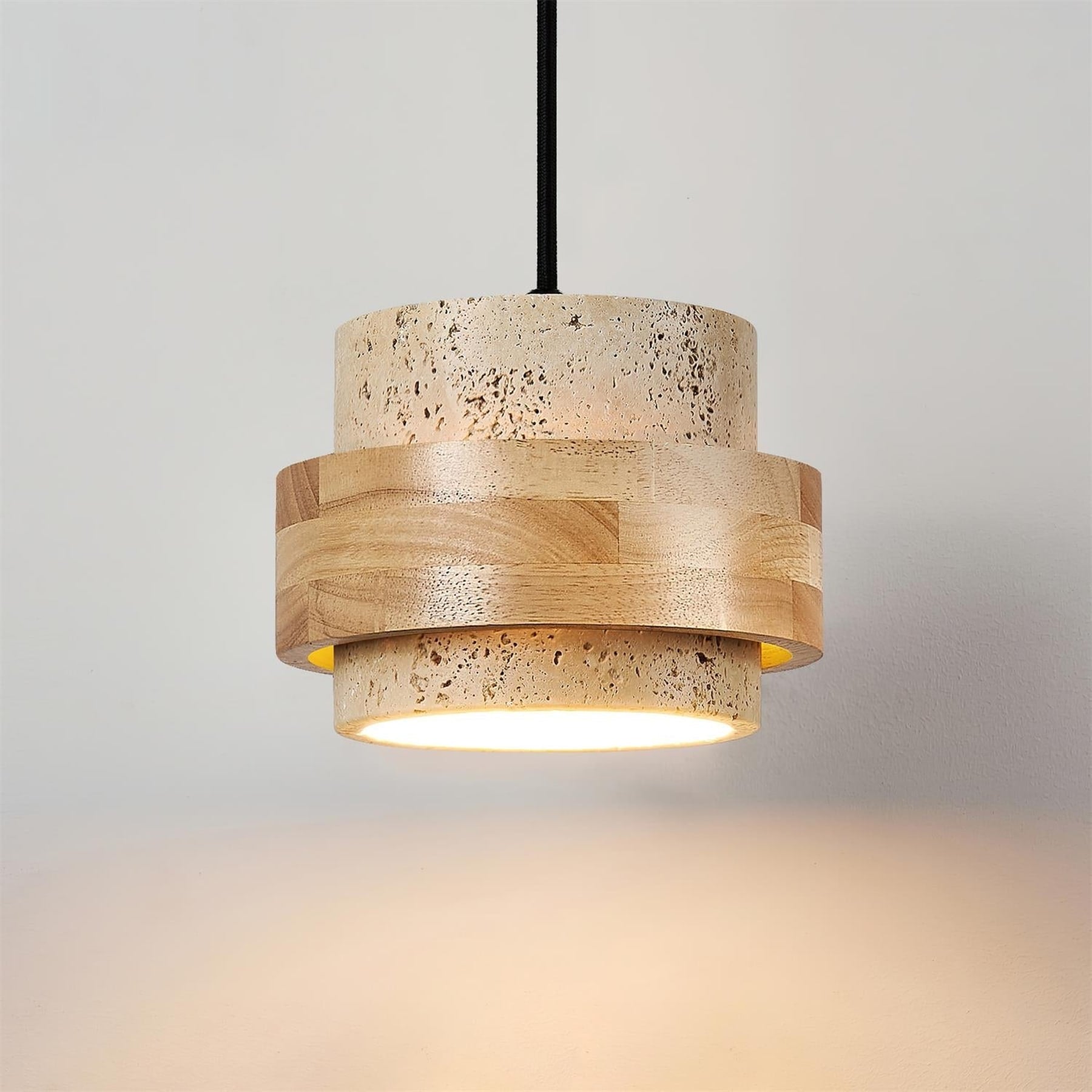 Contemporary Travertine and Solid Wood Pendant Light With Tri-Color Light for Dining Room in Brown Yellow — Greenwich Home & Living