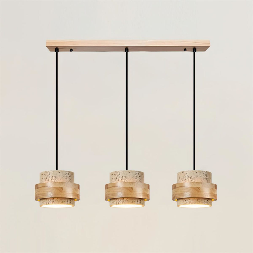 Contemporary Travertine and Solid Wood Pendant Light With Tri-Color Light for Dining Room — Greenwich Home & Living