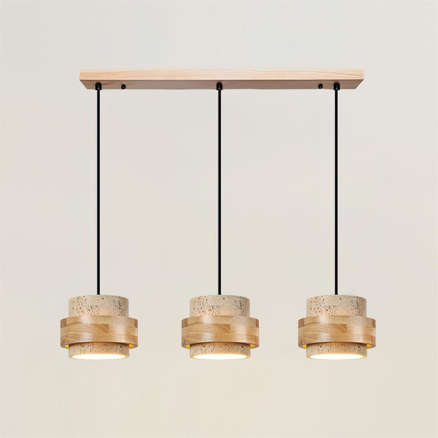 Contemporary Travertine and Solid Wood Pendant Light With Tri-Color Light for Dining Room — Greenwich Home & Living