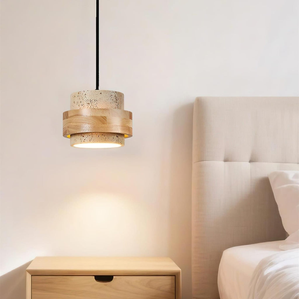 Contemporary Travertine and Solid Wood Pendant Light With Tri-Color Light for Dining Room — Greenwich Home & Living