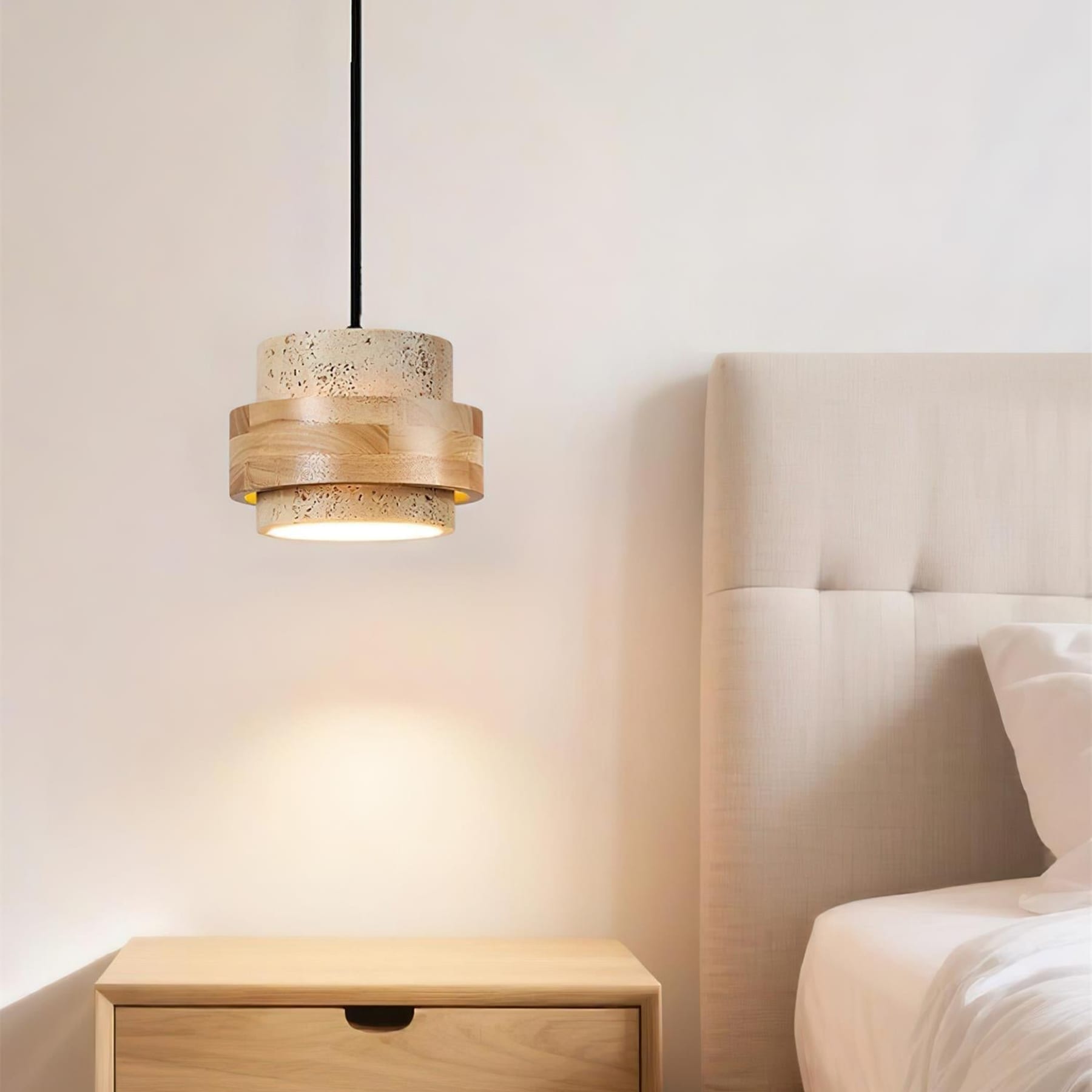 Contemporary Travertine and Solid Wood Pendant Light With Tri-Color Light for Dining Room — Greenwich Home & Living
