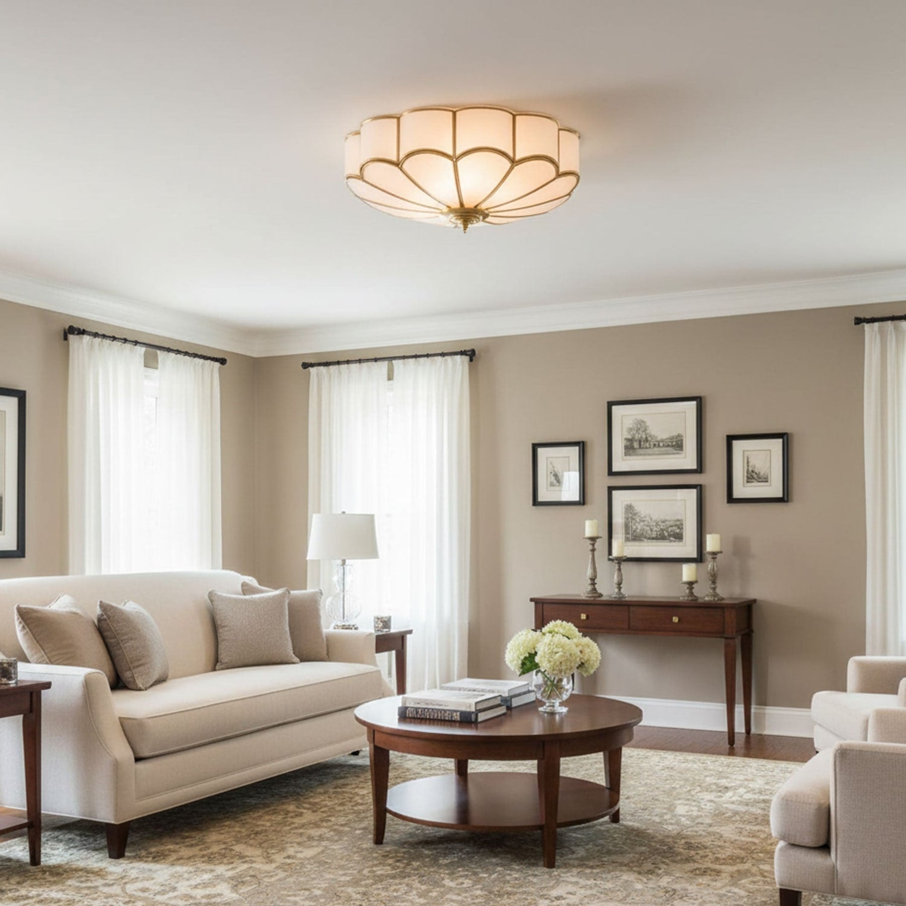 Traditional Brass and Glass Flush Mount Ceiling Light for Living Room — Greenwich Home & Living