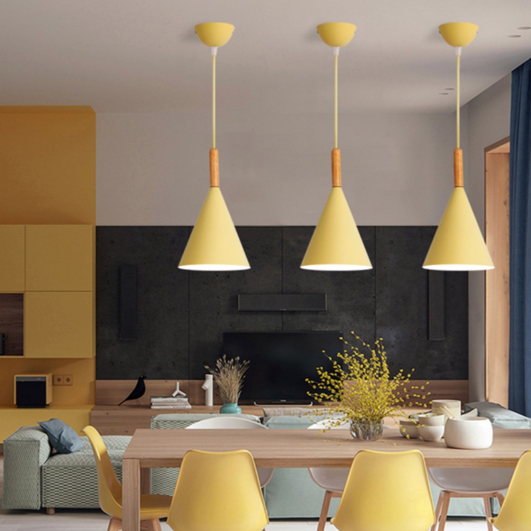 Scandinavian Wood And Aluminum Pendant Light With Three-Color Light For Dining Room — Greenwich Home & Living