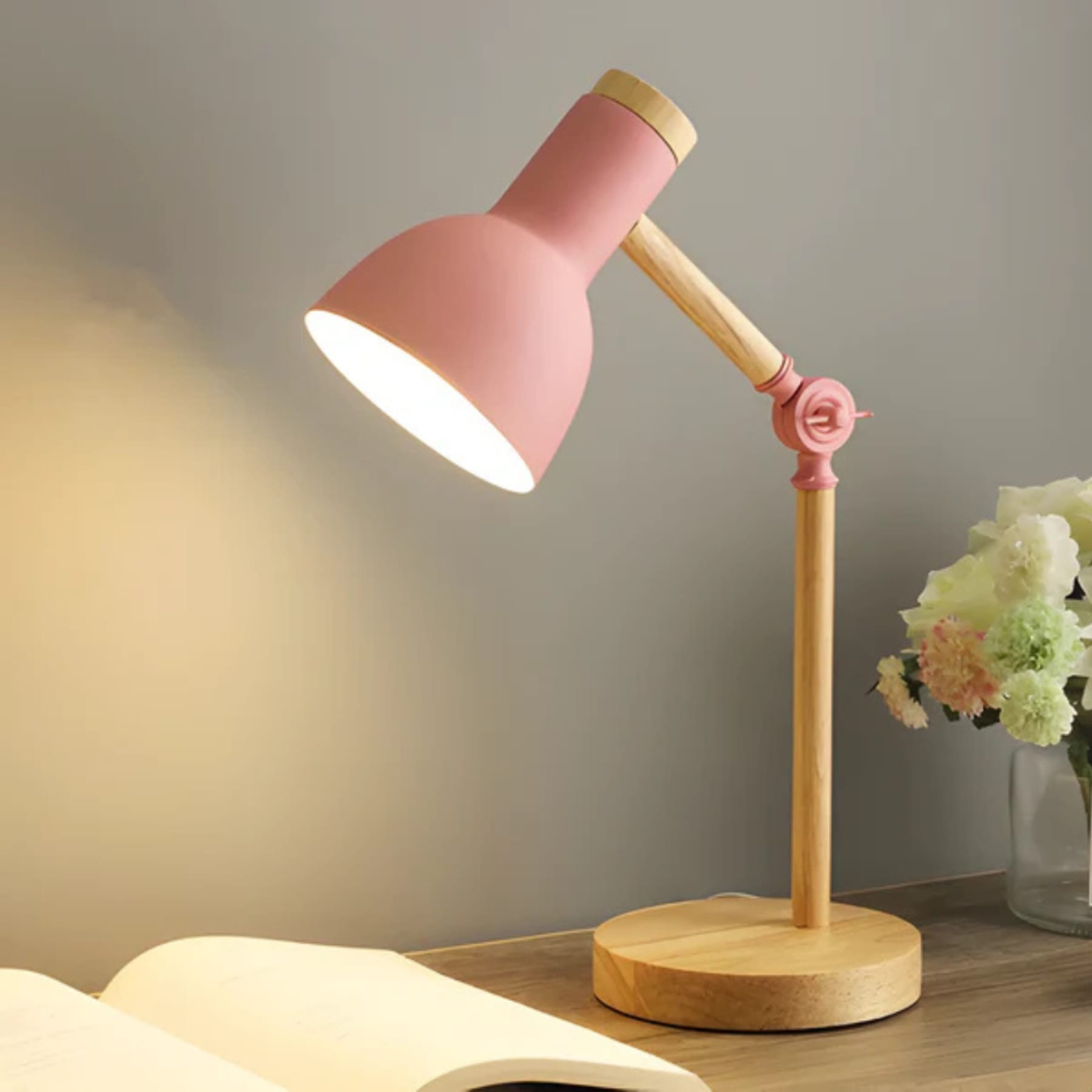 Scandinavian Wood Table Lamp With Three-Color Dimmable Light in Pink — Greenwich Home & Living