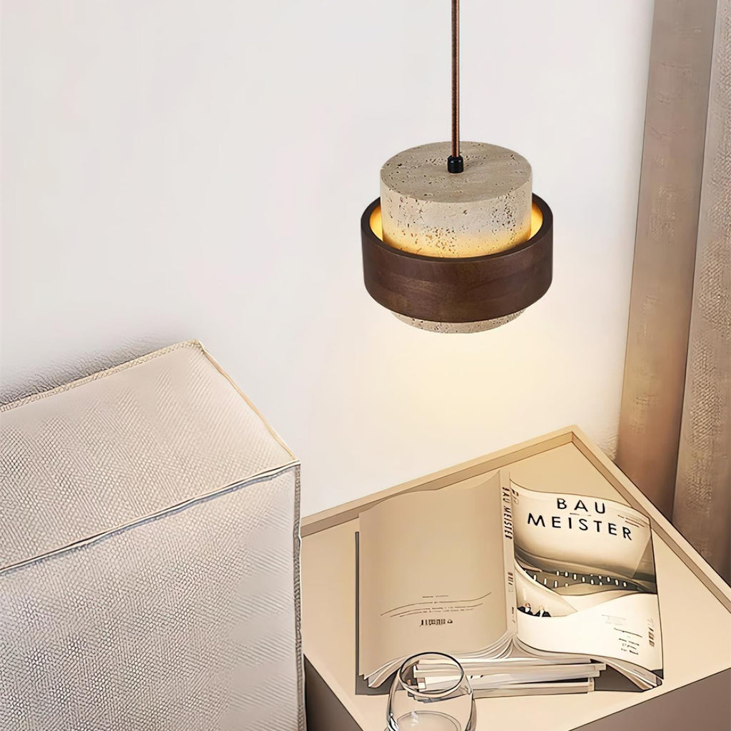 Contemporary Travertine and Solid Wood Pendant Light With Tri-Color Light for Dining Room — Greenwich Home & Living