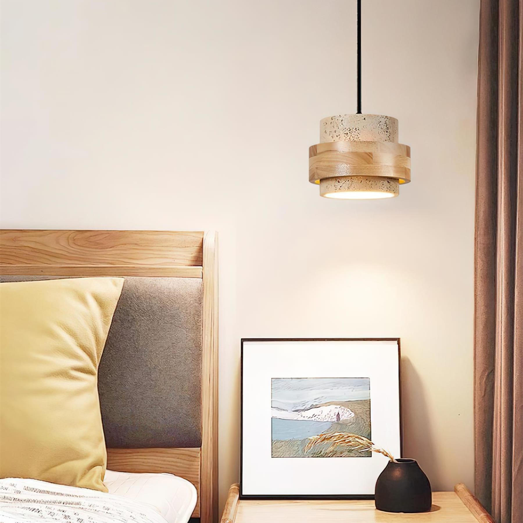 Contemporary Travertine and Solid Wood Pendant Light With Tri-Color Light for Dining Room — Greenwich Home & Living