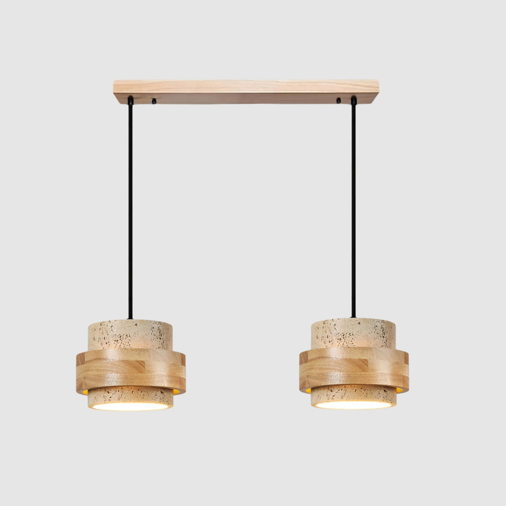 Contemporary Travertine and Solid Wood Pendant Light With Tri-Color Light for Dining Room — Greenwich Home & Living
