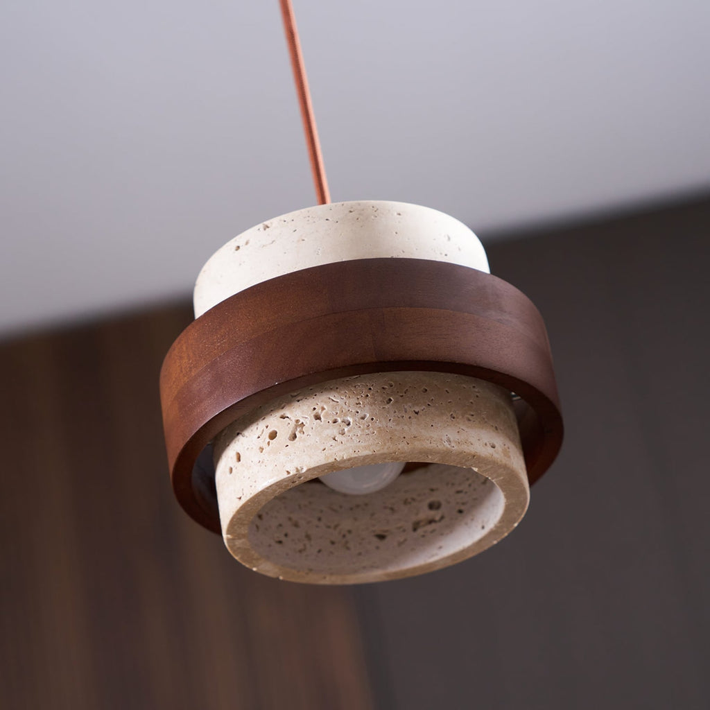 Contemporary Travertine and Solid Wood Pendant Light With Tri-Color Light for Dining Room — Greenwich Home & Living
