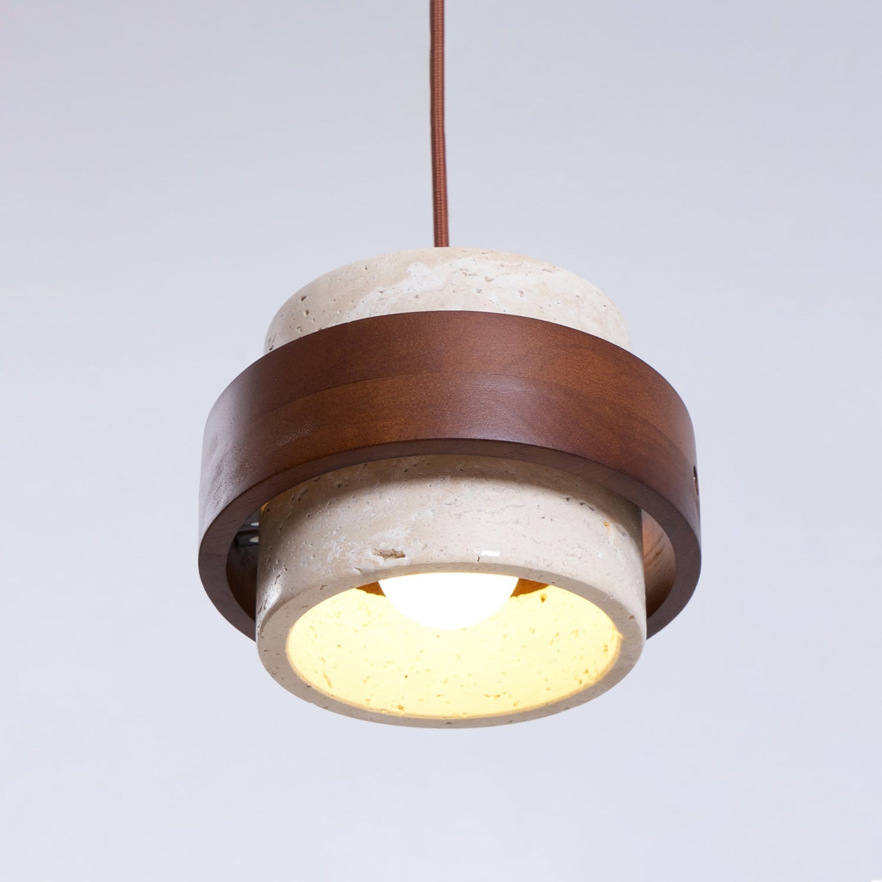 Contemporary Travertine and Solid Wood Pendant Light With Tri-Color Light for Dining Room — Greenwich Home & Living