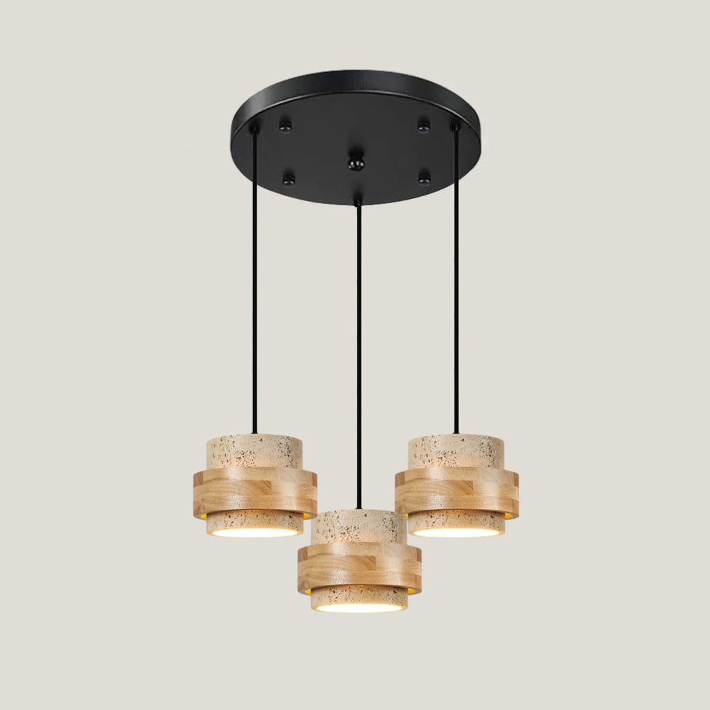 Contemporary Travertine and Solid Wood Pendant Light With Tri-Color Light for Dining Room — Greenwich Home & Living