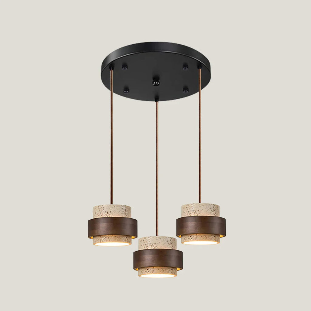 Contemporary Travertine and Solid Wood Pendant Light With Tri-Color Light for Dining Room — Greenwich Home & Living