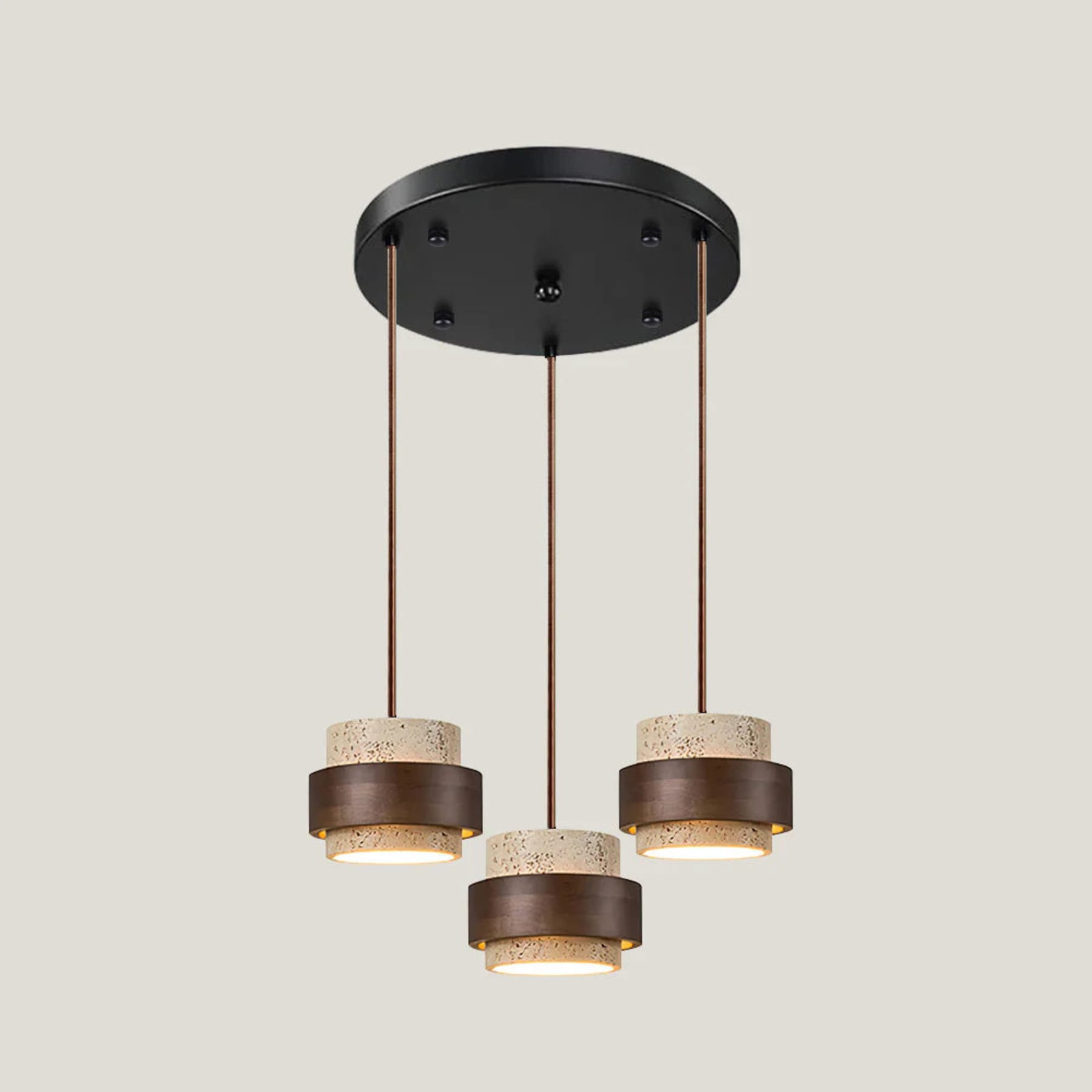 Contemporary Travertine and Solid Wood Pendant Light With Tri-Color Light for Dining Room — Greenwich Home & Living