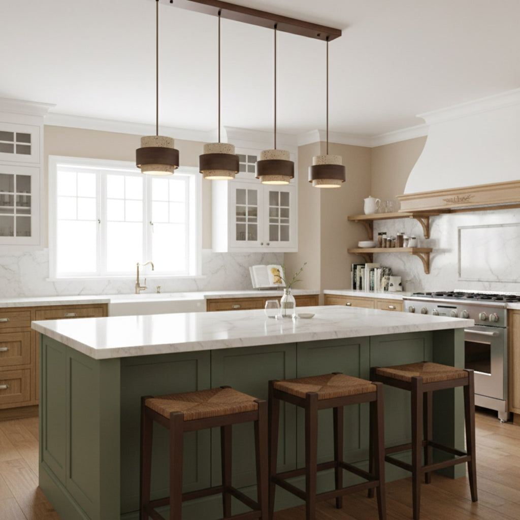 Contemporary Travertine and Solid Wood Pendant Light With Tri-Color Light for Dining Room — Greenwich Home & Living