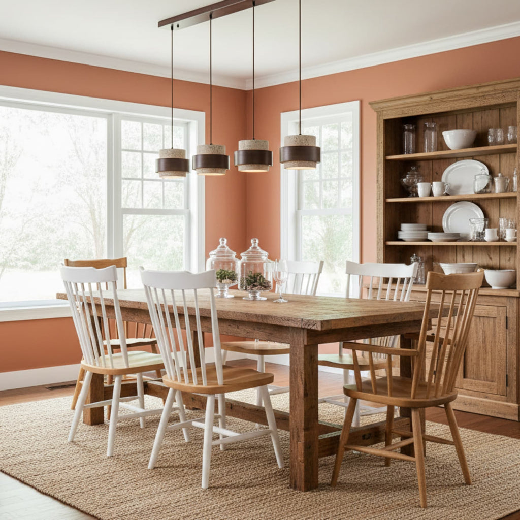 Contemporary Travertine and Solid Wood Pendant Light With Tri-Color Light for Dining Room — Greenwich Home & Living