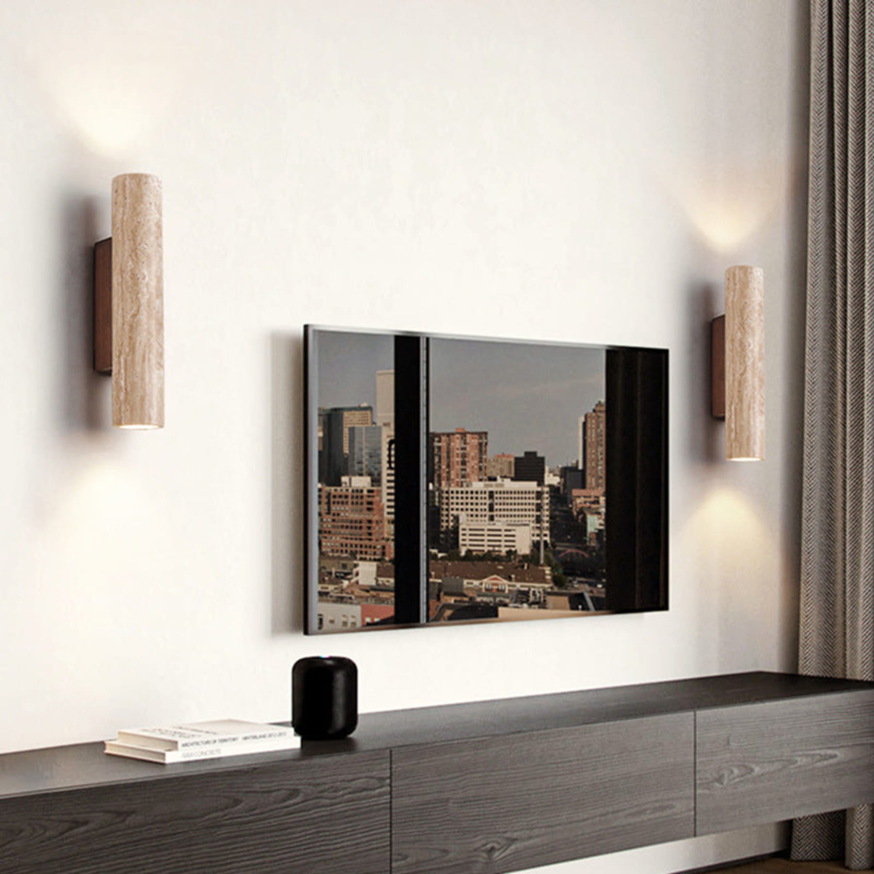 Minimalist Travertine and Wood Wall Light With Warm LED Glow — Greenwich Home & Living