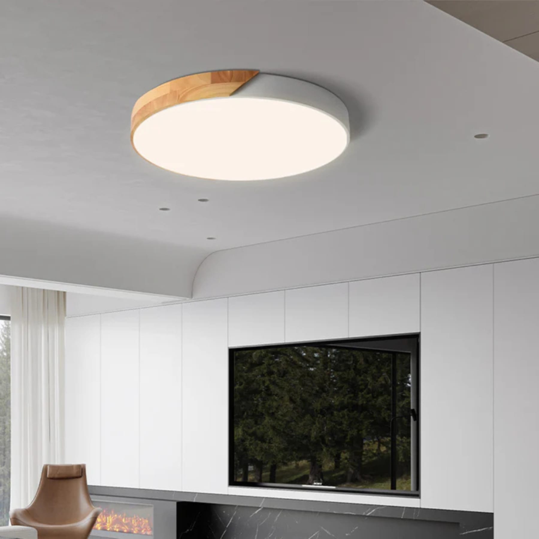 Scandinavian Wood Flush Mount Ceiling Light With Remote Dimming for Living Room — Greenwich Home & Living
