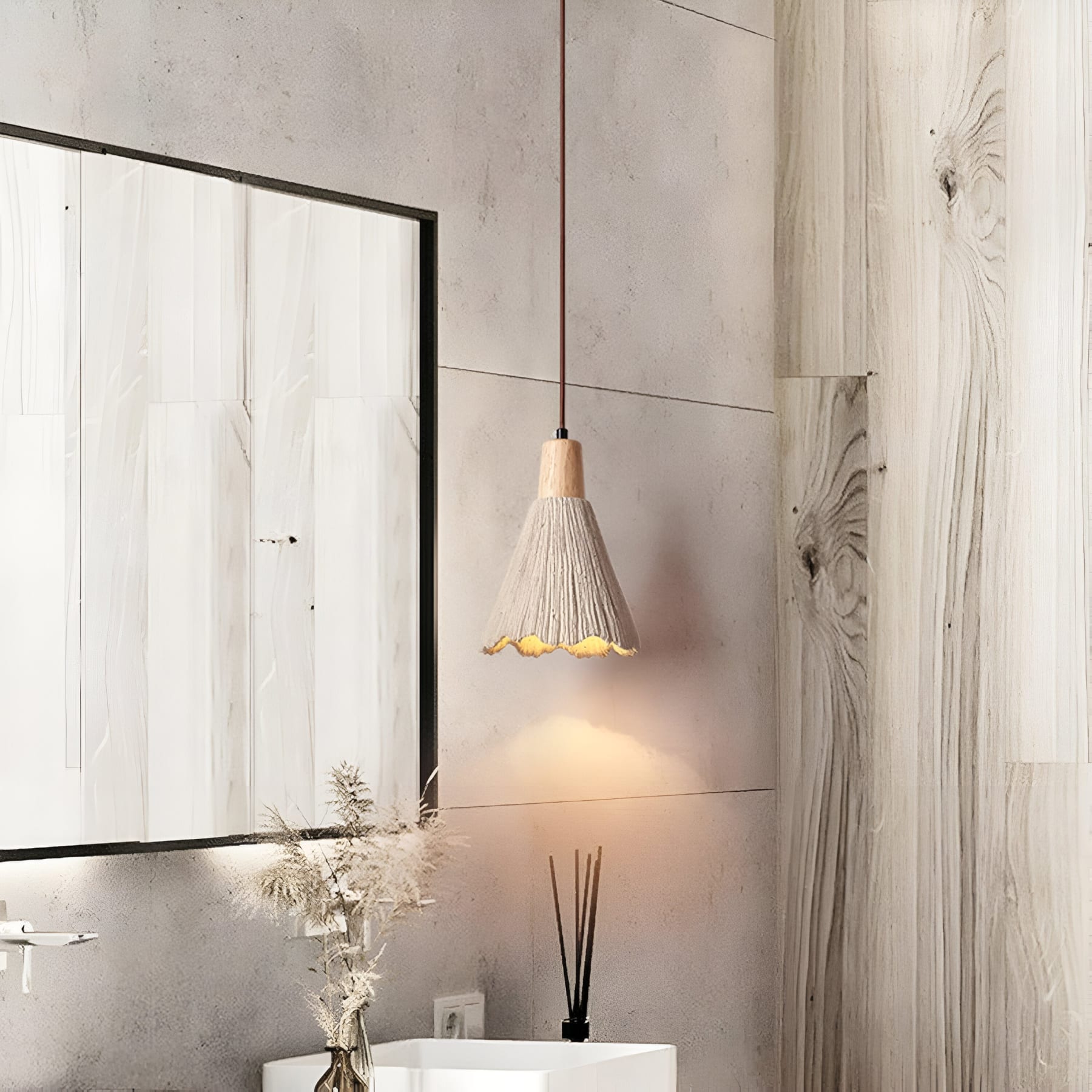 Rustic Wood and Concrete-Look Pendant Light With Warm White Glow for Dining Room — Greenwich Home & Living
