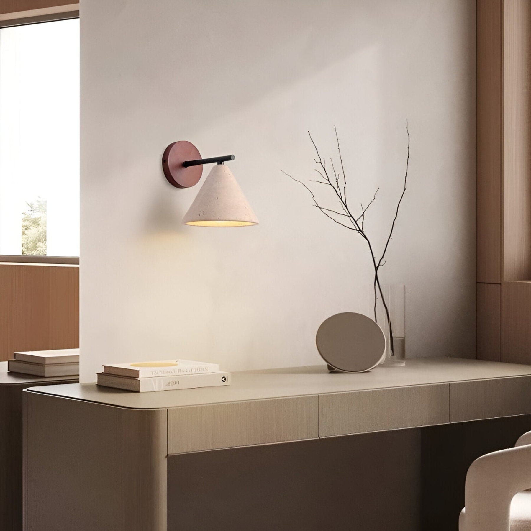 Modern Travertine and Walnut Wall Light With Warm LED Glow — Greenwich Home & Living
