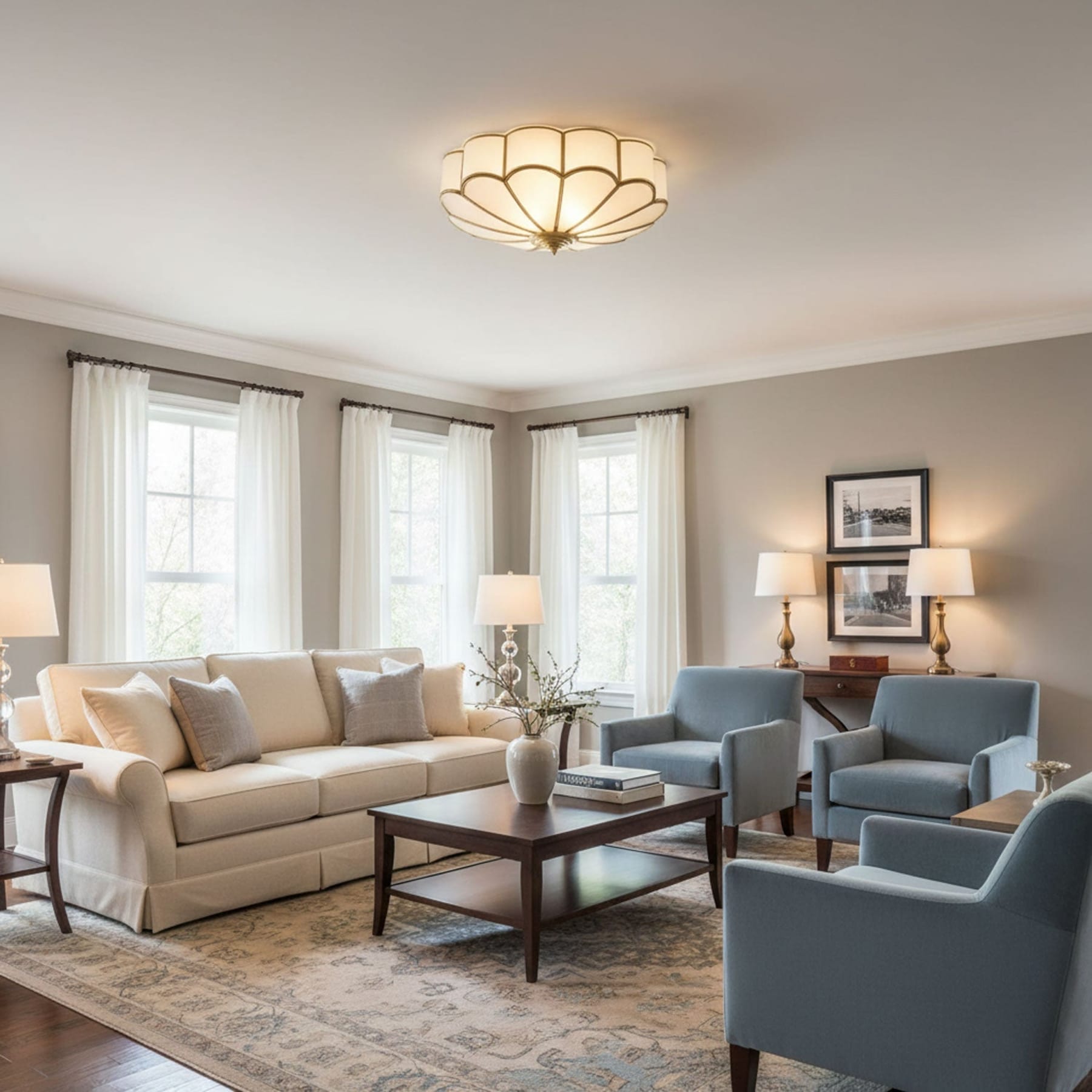 Traditional Brass and Glass Flush Mount Ceiling Light for Living Room — Greenwich Home & Living