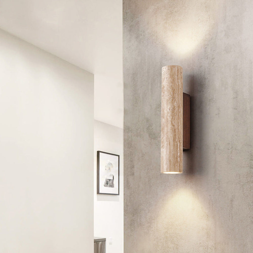 Minimalist Travertine and Wood Wall Light With Warm LED Glow — Greenwich Home & Living