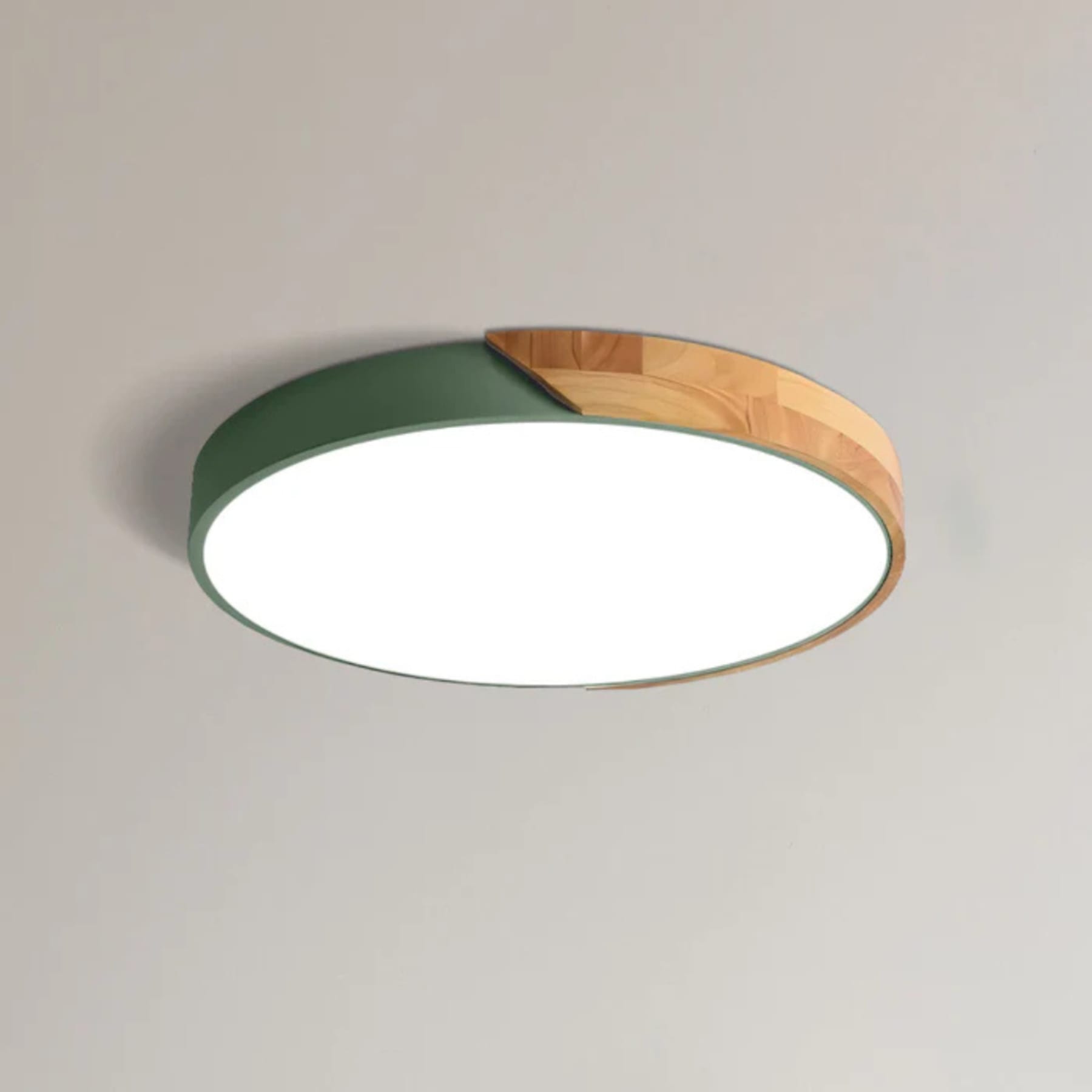 Scandinavian Wood Flush Mount Ceiling Light With Remote Dimming for Living Room in Green — Greenwich Home & Living