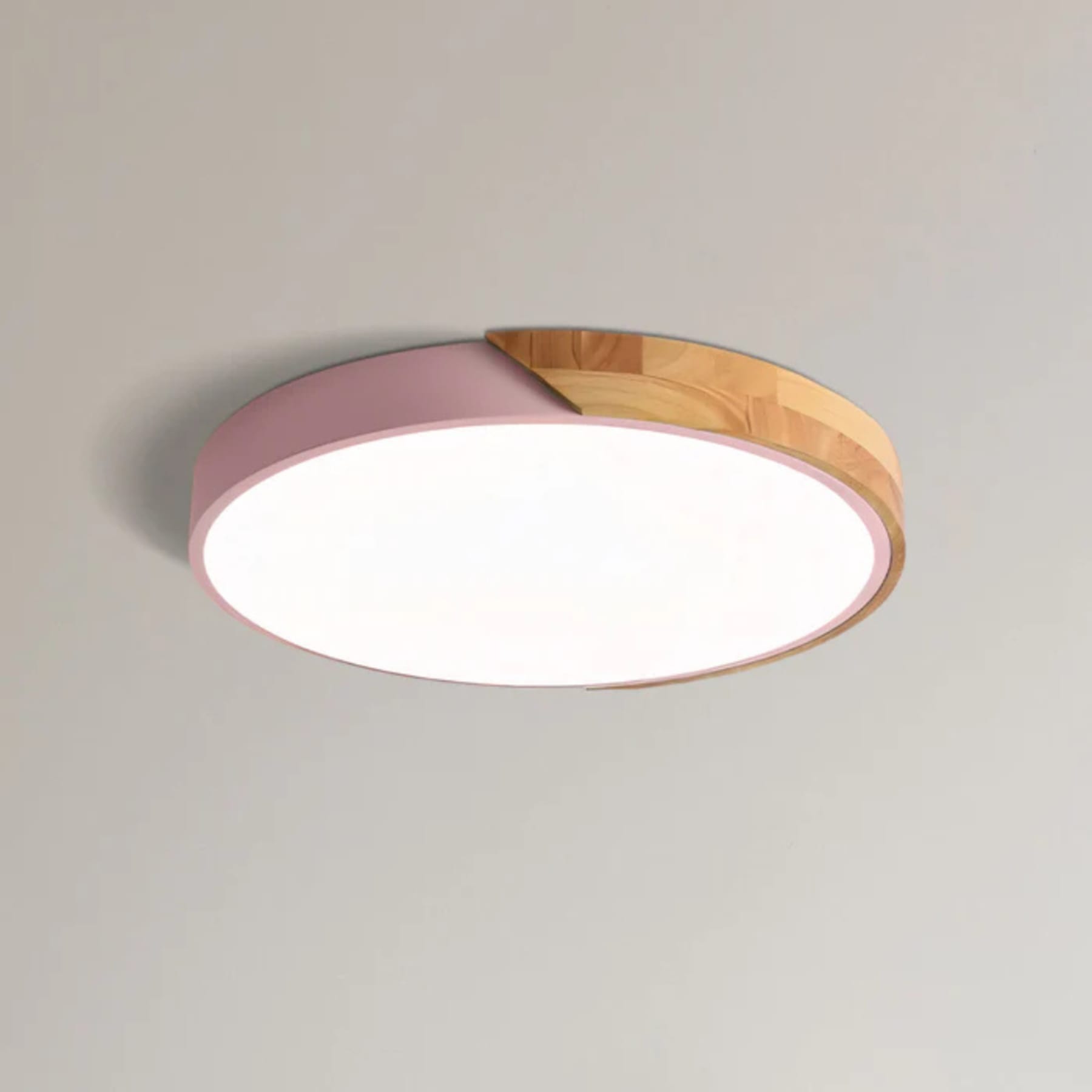 Scandinavian Wood Flush Mount Ceiling Light With Remote Dimming for Living Room in Pink — Greenwich Home & Living