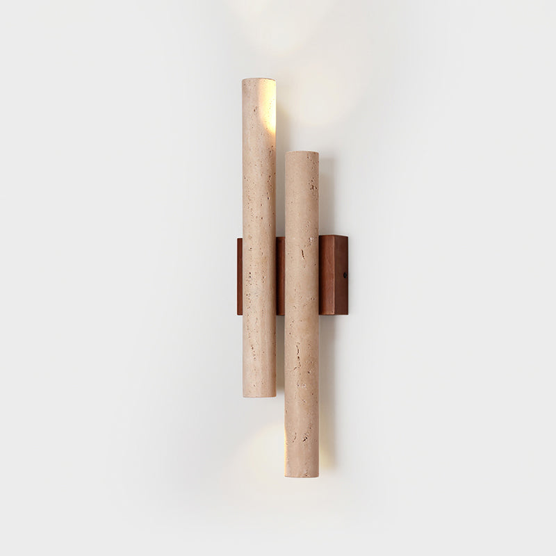 Modern Travertine Stone Wall Sconce With Warm LED Glow in Walnut Wood & Beige — Greenwich Home & Living