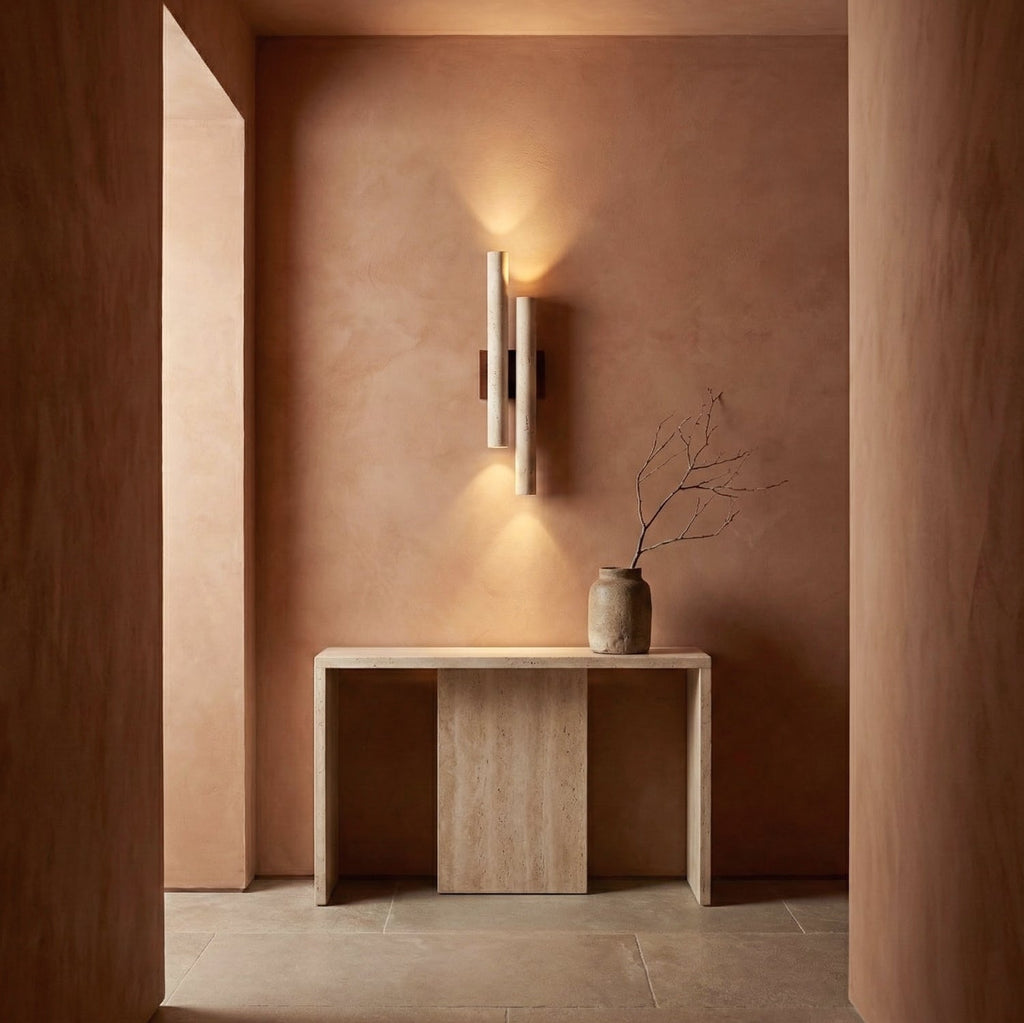 Modern Travertine Stone Wall Sconce With Warm LED Glow — Greenwich Home & Living