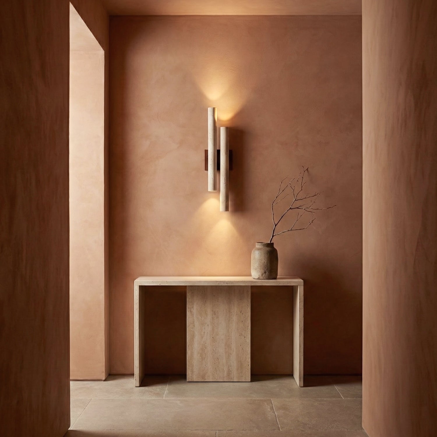 Modern Travertine Stone Wall Sconce With Warm LED Glow — Greenwich Home & Living